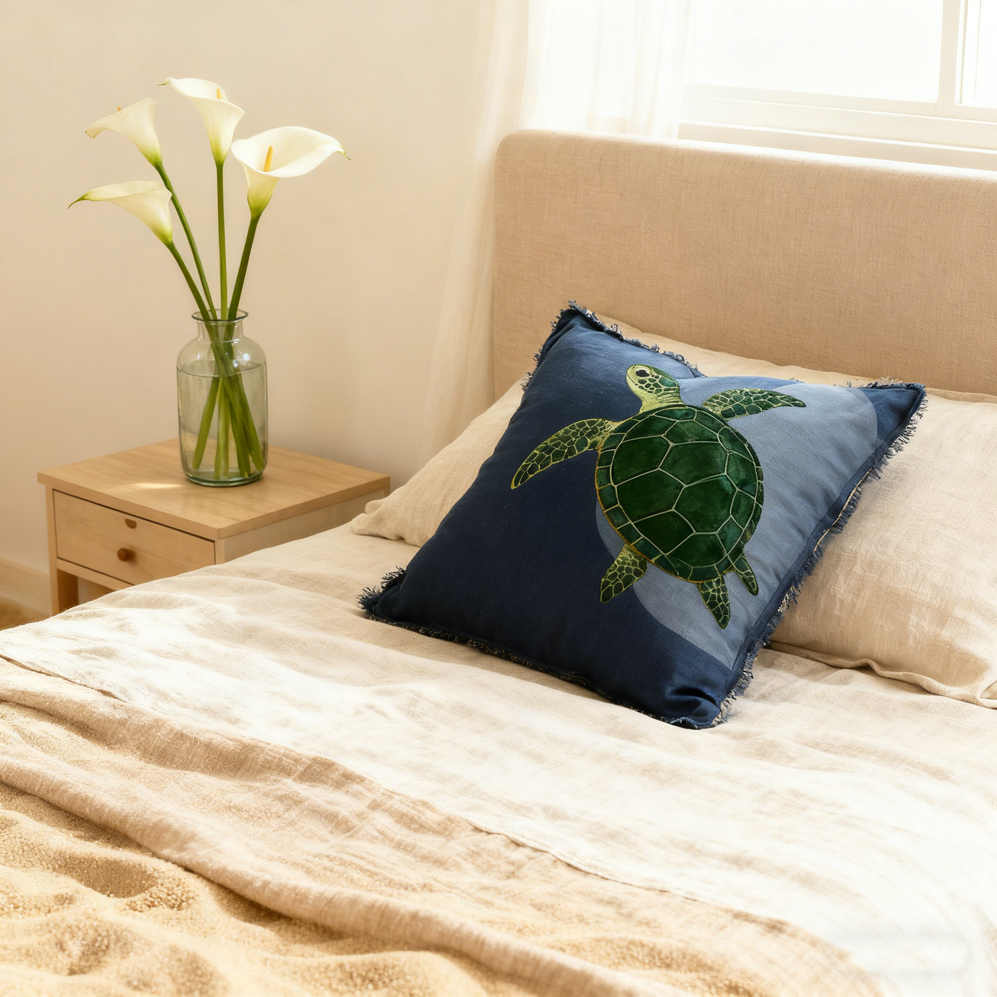 Navy Blue Turtle Freya Linen Square Cushion Cover - 55cm x 55cm